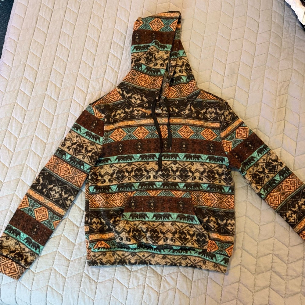 Patterned Hoodie with Tribal Design with front pocket, extra soft, semi fuzzy.